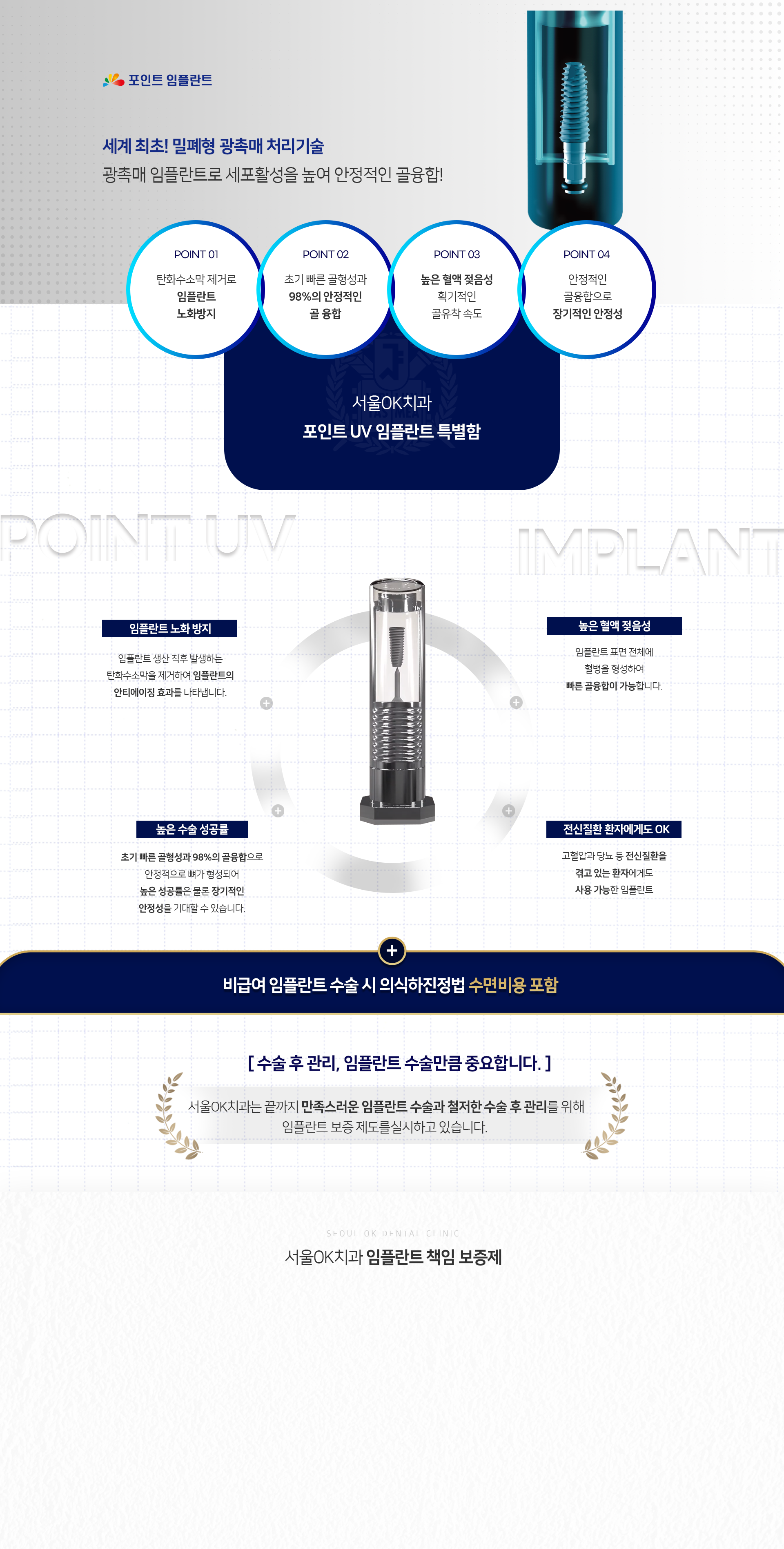 특징1-탄화수소막-제거로-임플란트-노화방지-특징2-초기-빠른-골형성과-98%의-안정적인-골-융합-특징3-높은-혈액-젖음성-획기적인-골유착-속도-특징4-안정적인-골융합으로-장기적인-안정성-포인트-UV-임플란트-특별함1-임플란트-생산-직후-발생하는-탄화수소막을-제거하여-임플란트의-안티에이징-효과를-나타냅니다-특별함2-임플란트-표면-전체에-혈병을-형성하여-빠른-골융합이-가능합니다-특별함3-초기-빠른-골형성과-98%의-골융합으로-안정적으로-뼈가-형성되어-높은-성공률은-물론-장기적인-안정성을-기대할-수-있습니다-특별함4-고혈압과-당뇨-등-전신질환을-겪고-있는-환자에게도-사용-가능한-임플란트-서울OK치과에서-비급여-임플란트-수술-시-수면비용-포함-서울OK치과는-끝까지-만족스러운-임플란트-수술과-철저한-수술-후-관리를-위해-임플란트-보증-제도를-실시하고-있습니다