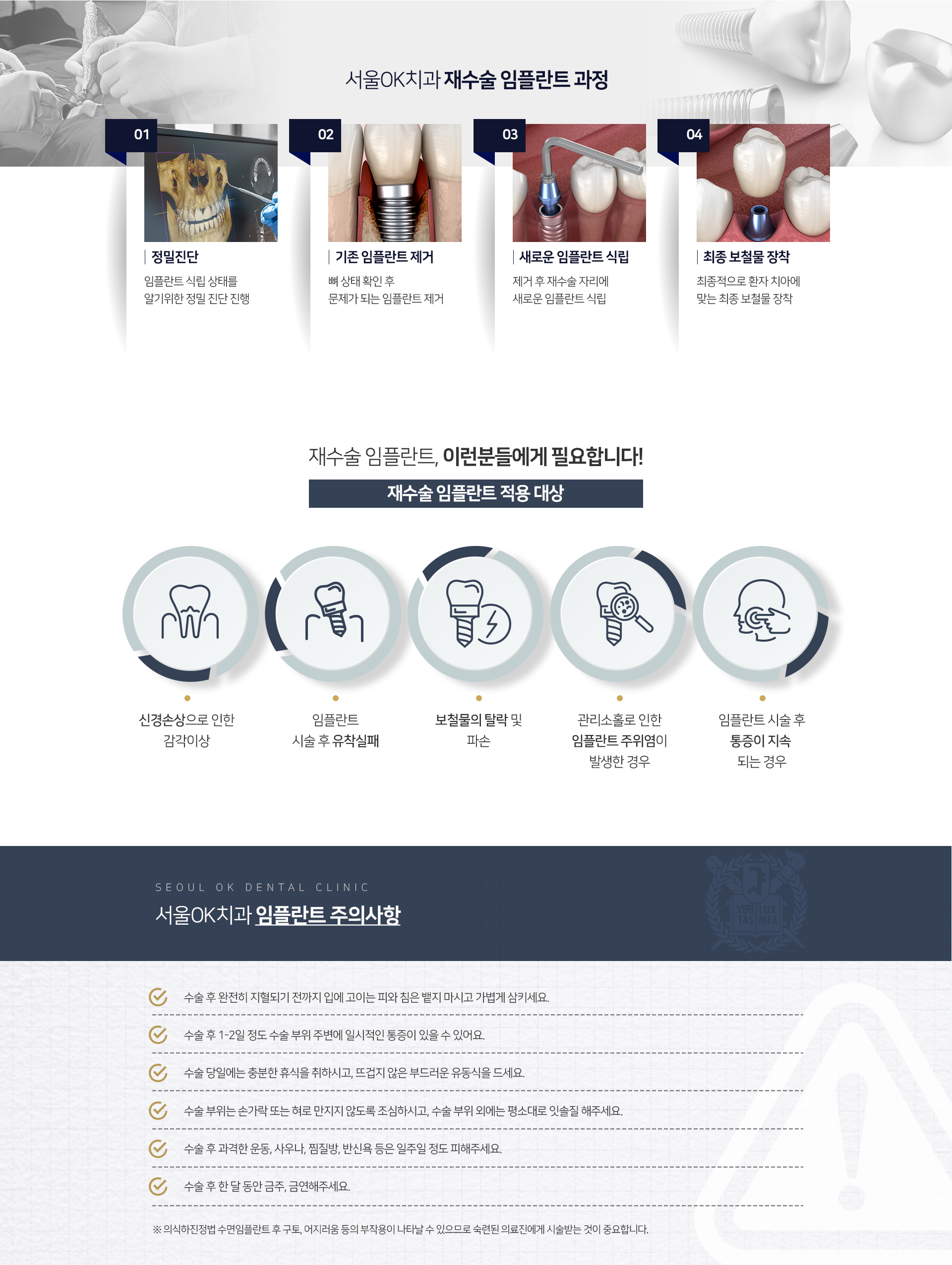 재수술-임플란트-과정-1단계-정밀진단-임플란트-식립-상태를-알기-위한-정밀-진단-진행-2단계-기존-임플란트-제거-뼈-상태-확인-후-문제가-되는-임플란트-제거-3단계-새로운-임플란트-식립-제거-후-재수술-자리에-새로운-임플란트-식립-4단계-최종-보철물-장착-최종적으로-환자-치아에-맞는-최종-보철물-장착-임플란트-적용-대상-신경-손상으로-인한-감각이상-임플란트-시술-후-유착-실패-보철물의-탈락-및-파손-관리-소홀로-인한-임플란트-주위염이-발생한-경우-임플란트-시술-후-통증이-지속되는-경우-주의사항-수술-후-완전히-지혈되기-전까지-입에-고이는-피와-침은-뱉지-마시고-가볍게-삼키세요-수술-후-1~2일-정도-수술-부위-주변에-일시적인-통증이-있을-수-있어요-수술-당일에는-충분한-휴식을-취하시고-뜨겁지-않은-부드러운-유동식을-드세요-수술-부위는-손가락-또는-혀로-만지지-않도록-조심하시고-수술-부위-외에는-평소대로-잇솔질-해주세요-수술-후-과격한-운동,-사우나,-찜질방,-반신욕-등은-일주일-정도-피해주세요-수술-후-한-달-동안-금주,-금연해주세요-의식하진정법 수면임플란트-후-구토,-어지러움-등의-부작용이-나타날-수-있으므로-숙련된-의료진에게-시술받는-것이-중요합니다