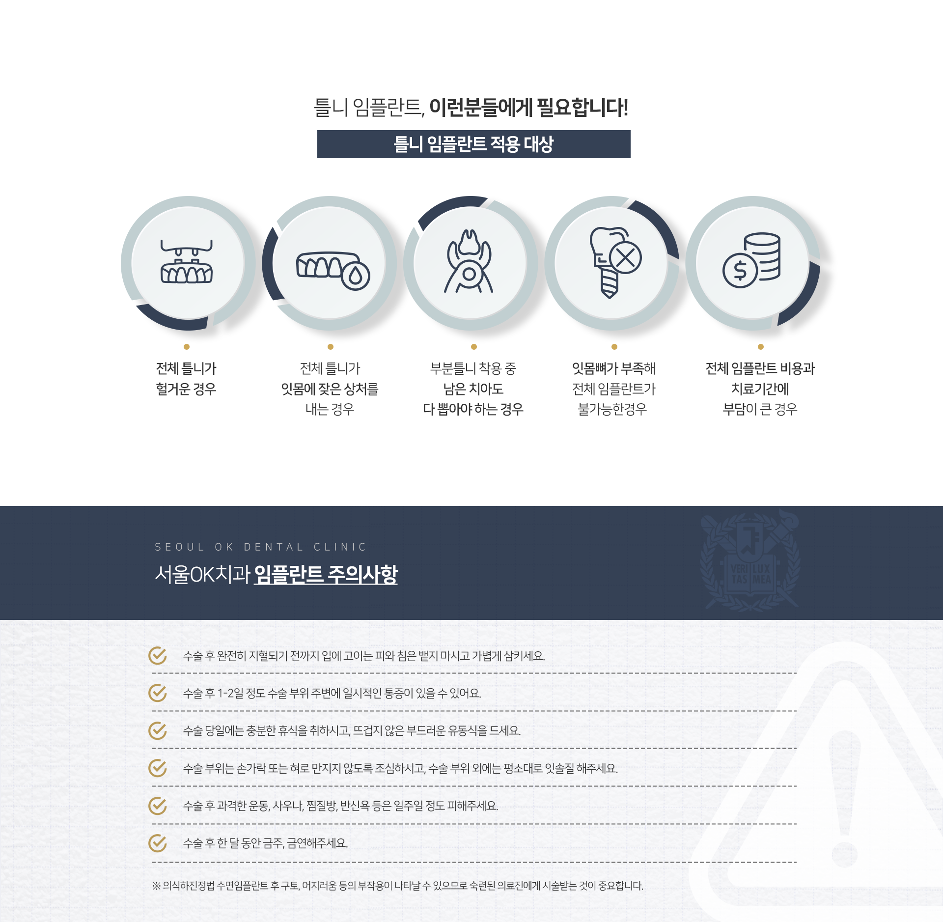 적용-대상-전체-틀니가-헐거운-경우-전체-틀니가-잇몸에-잦은-상처를-내는-경우-부분틀니-착용-중-남은-치아도-다-뽑아야-하는-경우-잇몸뼈가-부족해-전체-임플란트가-불가능한-경우-전체-임플란트-비용과-치료-기간에-부담이-큰-경우-주의사항-수술-후-완전히-지혈되기-전까지-입에-고이는-피와-침은-뱉지-마시고-가볍게-삼키세요-수술-후-1~2일-정도-수술-부위-주변에-일시적인-통증이-있을-수-있어요-수술-당일에는-충분한-휴식을-취하시고-뜨겁지-않은-부드러운-유동식을-드세요-수술-부위는-손가락-또는-혀로-만지지-않도록-조심하시고-수술-부위-외에는-평소대로-잇솔질-해주세요-수술-후-과격한-운동,-사우나,-찜질방,-반신욕-등은-일주일-정도-피해주세요-수술-후-한-달-동안-금주,-금연해주세요-수면임플란트-후-구토,-어지러움-등의-부작용이-나타날-수-있으므로-숙련된-의료진에게-시술받는-것이-중요합니다