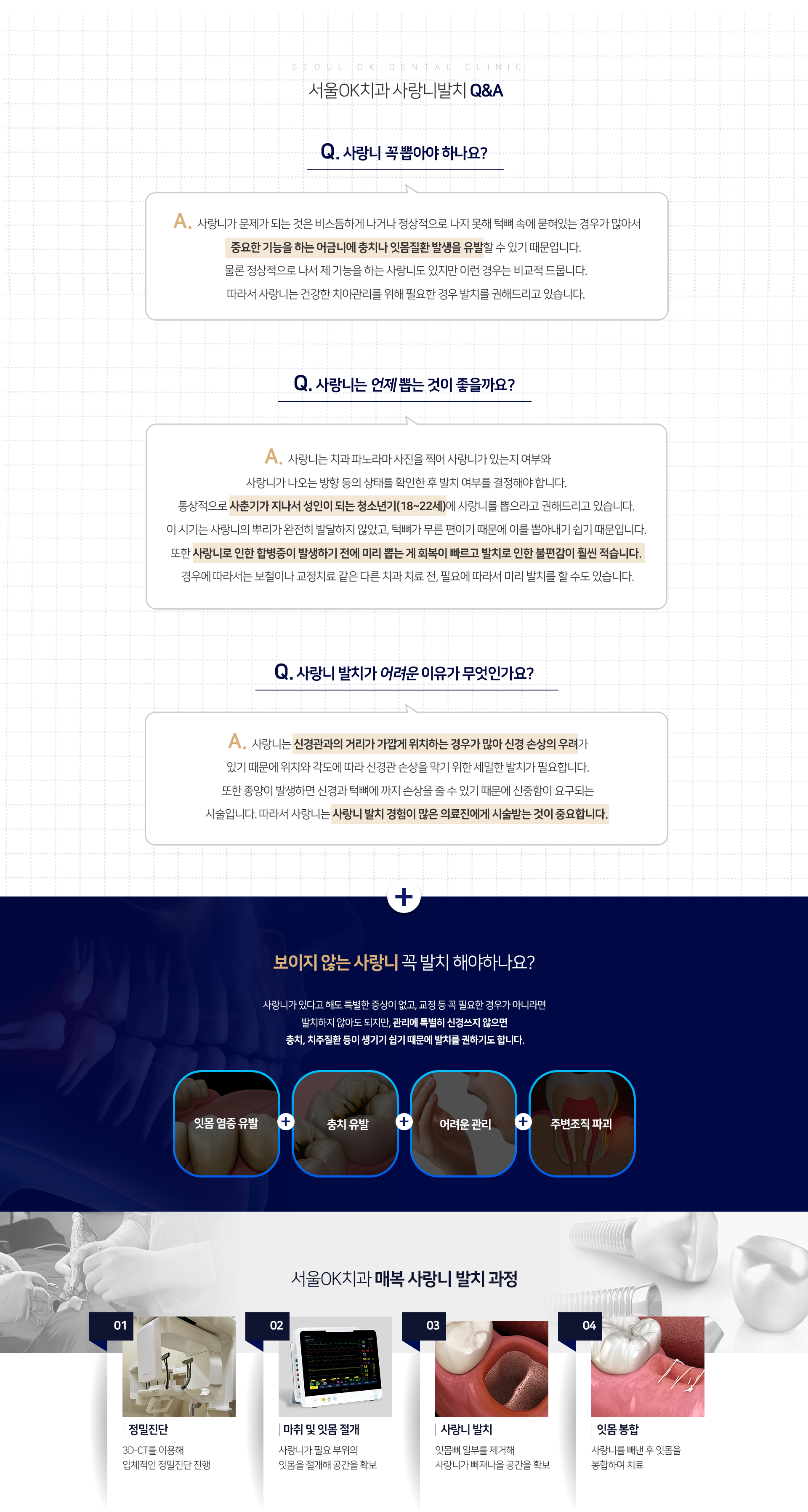 사랑니가-있다고-해도-특별한-증상이-없고-교정-등-꼭-필요한-경우가-아니라면-발치하지-않아도-되지만-관리에-특별히-신경쓰지-않으면-충치,-치주질환-등이-생기기-쉽기-떄문에-발치를-권하기도-합니다-매복-사랑니-발치-과정-1단계-정밀진단-3D_CT를-이용해-입체적인-정밀진단-진행-2단계-마취-및-잇몸-절개-사랑니가-필요-부위의-잇몸을-절개해-공간을-확보-3단계-사랑니-발치-잇몸뼈-일부를-제거해-사랑니가-빠져나올-공간을-확보-4단계-잇몸-봉합-사랑니를-빼낸-후-잇몸을-봉합하여-치료