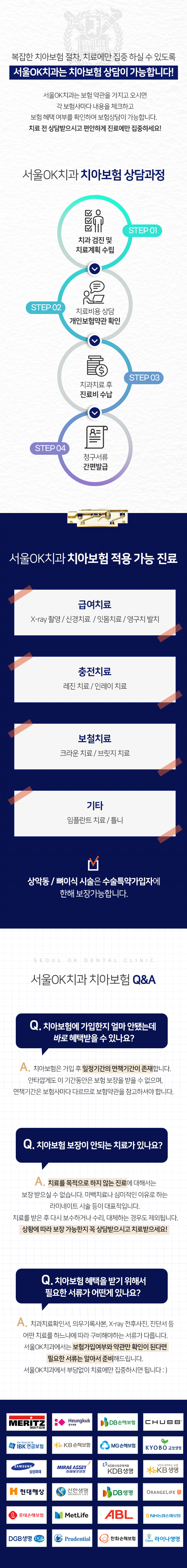 서울OK치과는-보험-약관을-가지고-오시면-각-보험사마다-내용을-체크하고-보험-혜택-여부를-확인하여-보험상담이-가능합니다-치아보험-상담-과정-1단계-치과-검진-및-치료-계획-수립-2단계-치료-비용-상담-개인보험약관-확인-3단계-치과치료-후-진료비-수납-4단계-청구서류-간편발급-치아보험-적용-가능-진료-급여치료-X_ray-촬영,-신경치료,-잇몸치료,-영구치-발치-충전치료-레진치료,-인레이-치료-보철치료-크라운-치료,-브릿지-치료,-기타-임플란트-치료,-틀니-수술특약가입자에-한해-상악동/뼈이식-시술-보장-가능합니다-치아보험-Q&A-치아보험에-가입한지-얼마-안-됐는데-바로-혜택받을-수-있나요-치아보험은-가입-후-일정-기간의-면책기간이-존재합니다-이-기간-동안은-보험-보장을-받을-수-없으며-면책기간은-보험사마다-다르므로-보험약관을-참고하셔야-합니다-치아보험-보장이-안되는-치료가-있나요-미백치료나-라미네이트-시술-등-치료를-목적으로-하지-않는-진료에-대해서는-보장받으실-수-없습니다-치료를-받은-후-다시-보수하거나-수리,-대체하는-경우도-제외됩니다-치아보험-혜택을-받기-위해서-필요한-서류가-어떤-게-있나요-서울OK치과에서는-보험-가입-여부와-약관만-확인이-된다면-필요한-서류는-알아서-준비해-드립니다